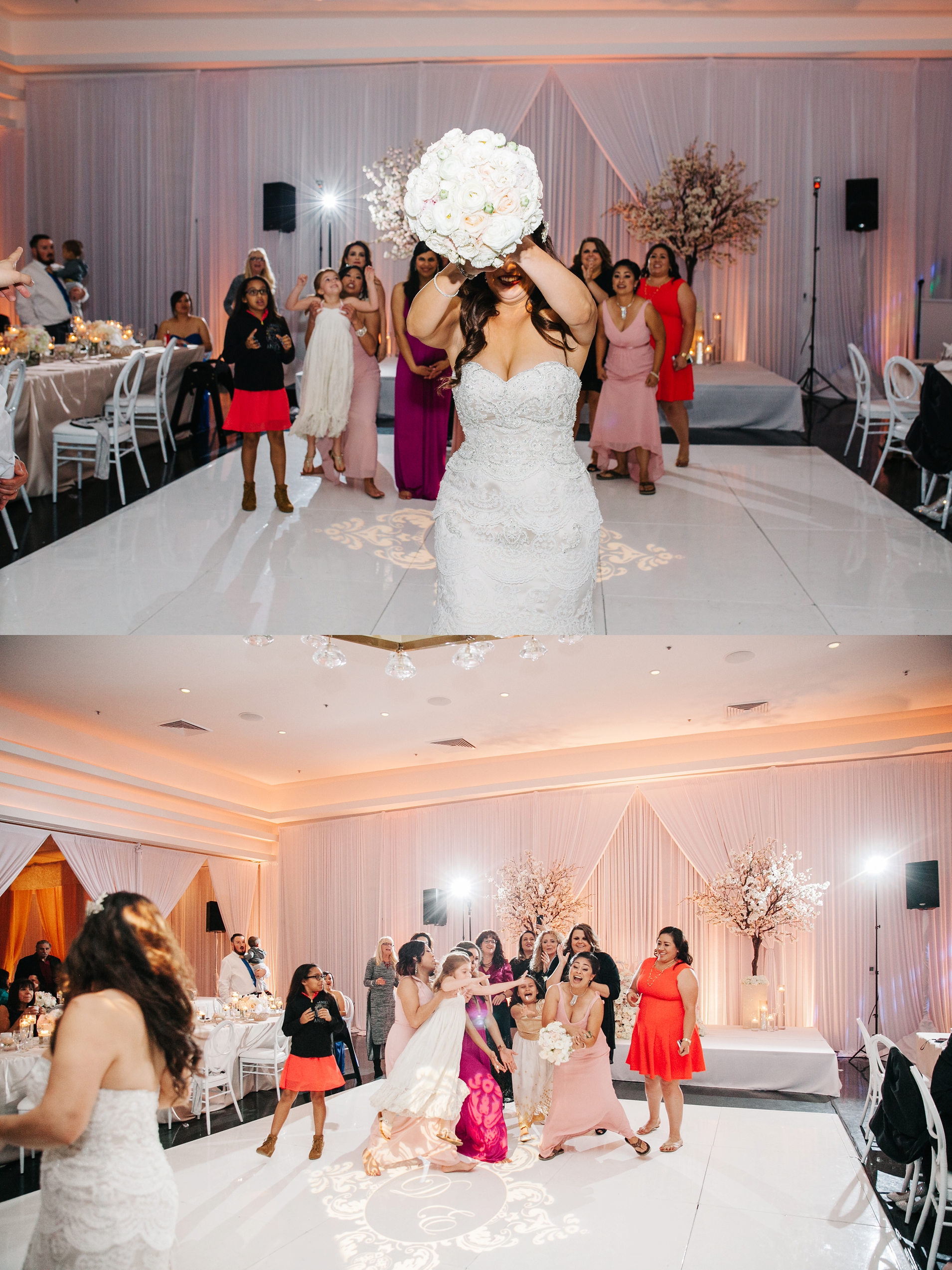 Bouquet Toss-Wedding Reception by Brittney Hannon Photography at Venue by Three Petals Wedding in Huntington Beach, CA 