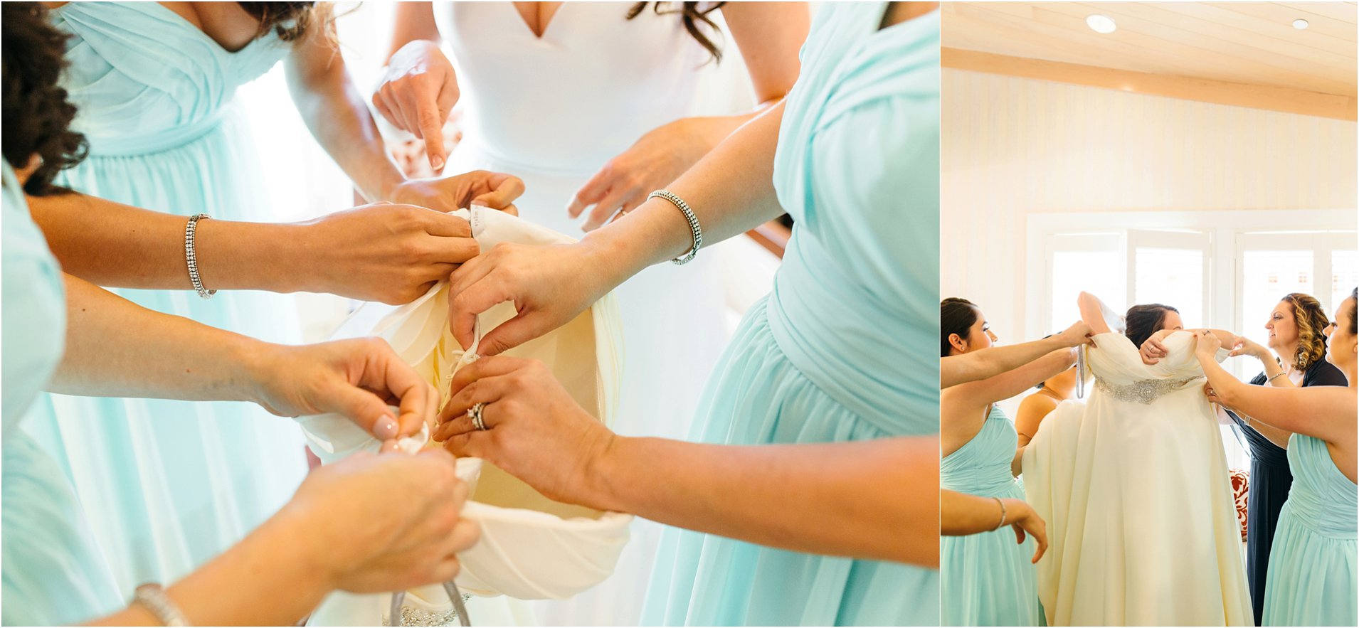 bride getting into dress at pechanga