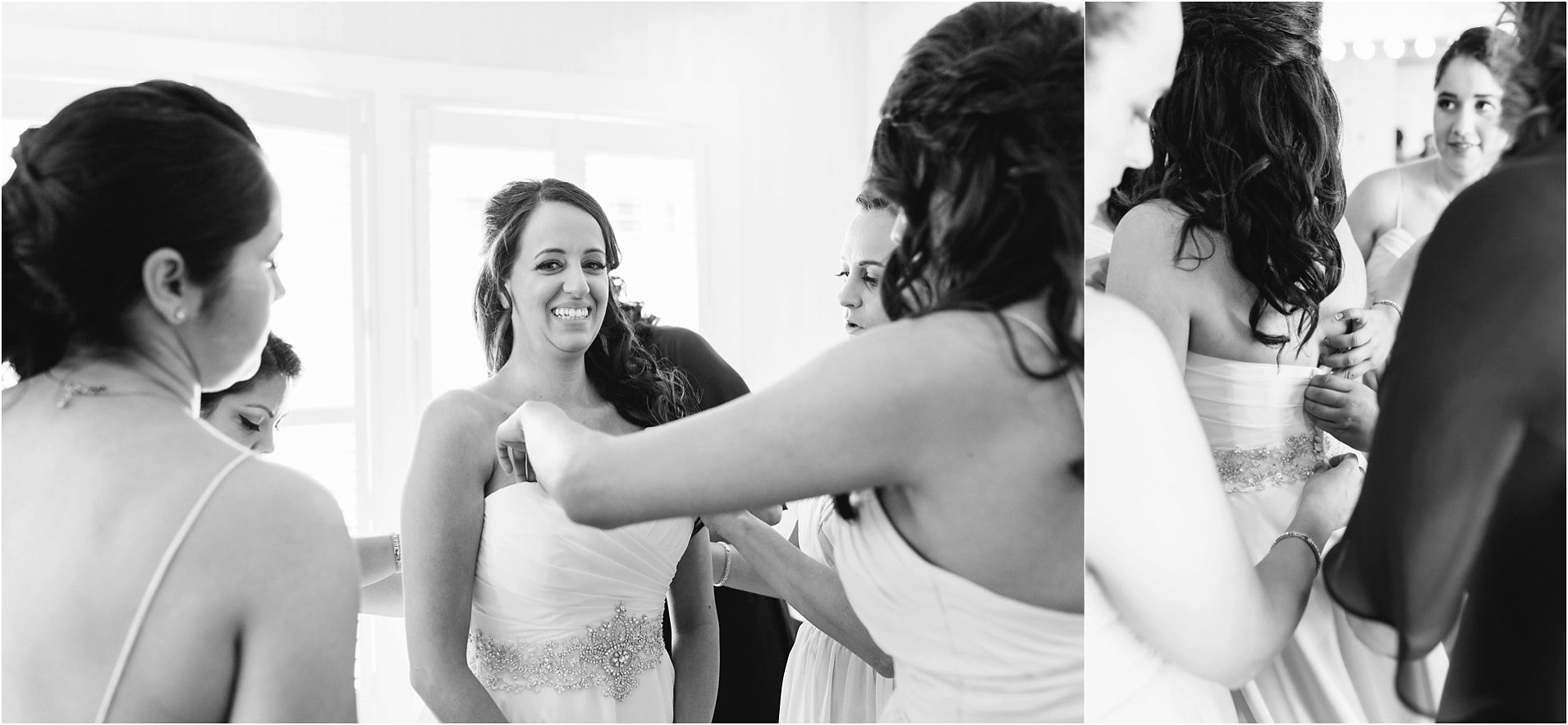 bride getting into wedding dress