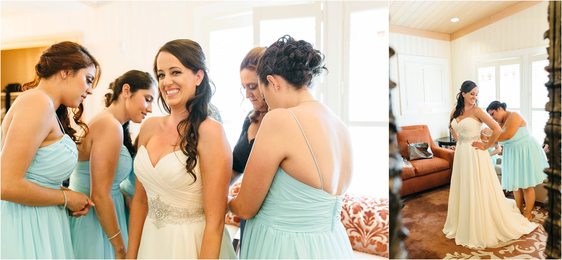 bride getting into wedding dress in temecula