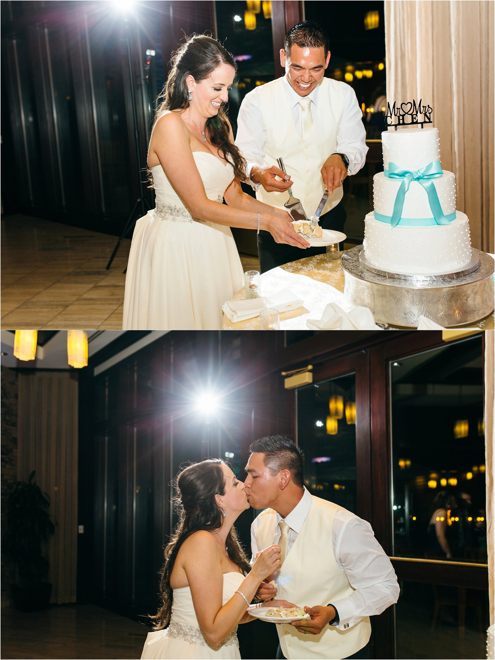 bride and groom cutting cake