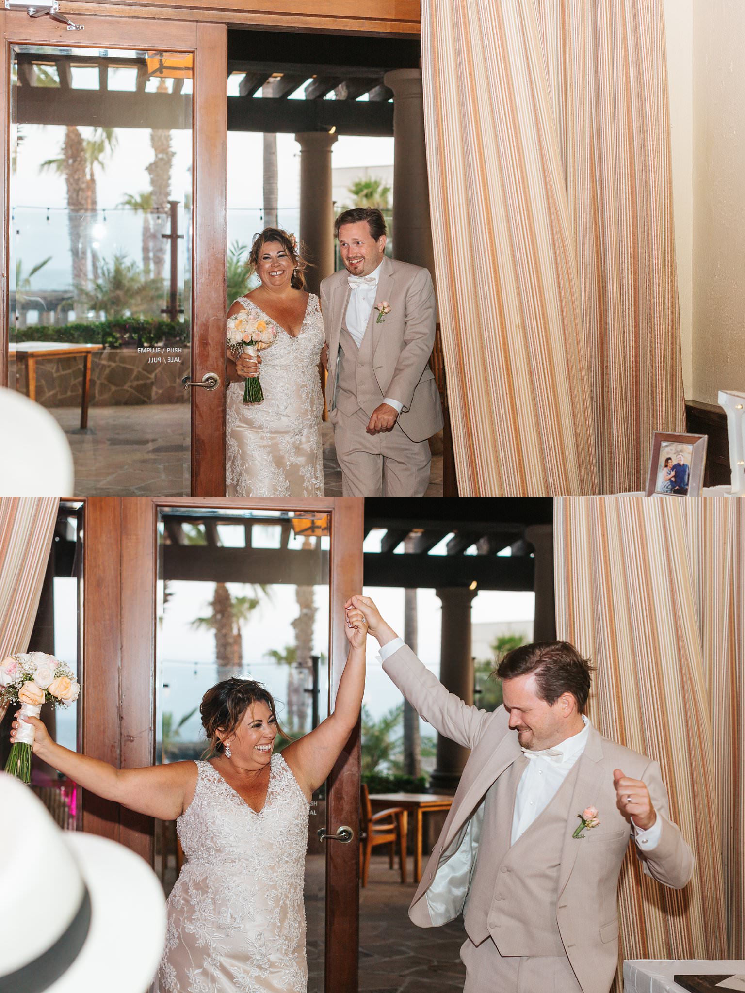 Bride and Groom's grand entrance into their wedding reception in Cabo - https://brittneyhannonphotography.com