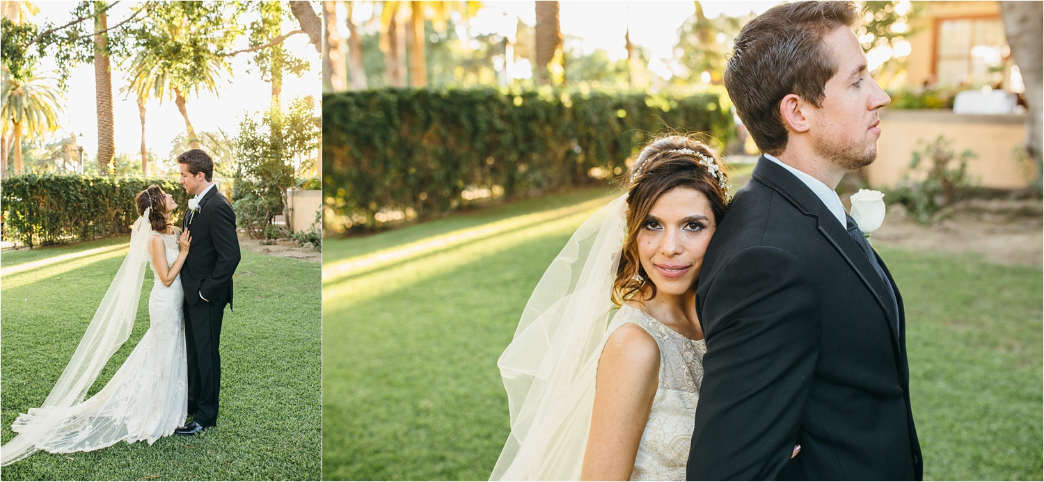 romantic bride and groom photos at castle green wedding in pasadena