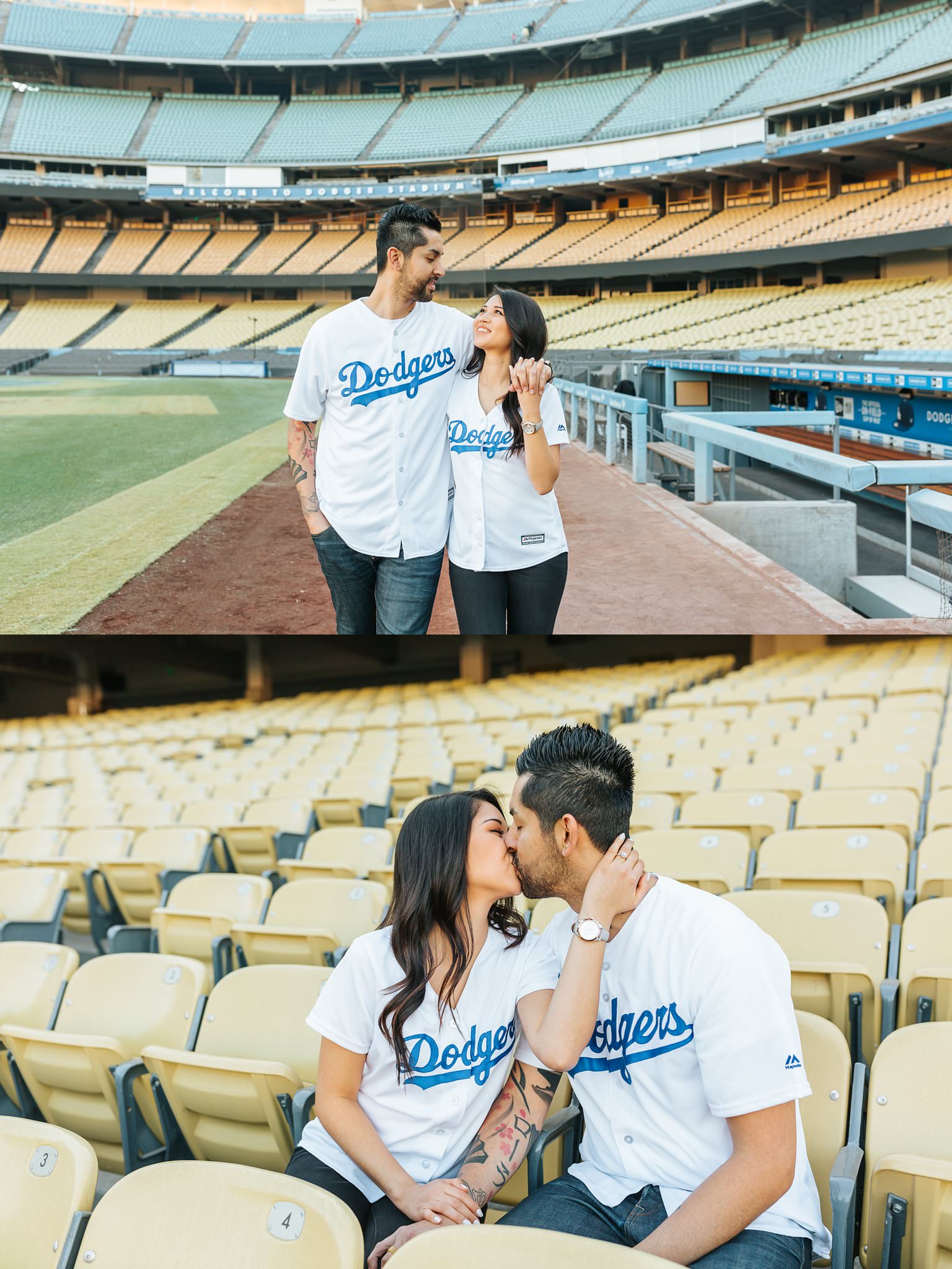 Super cute engagement at Dodger Stadium - Dodger Stadium engagement photos - http://brittneyhannonphotography.com