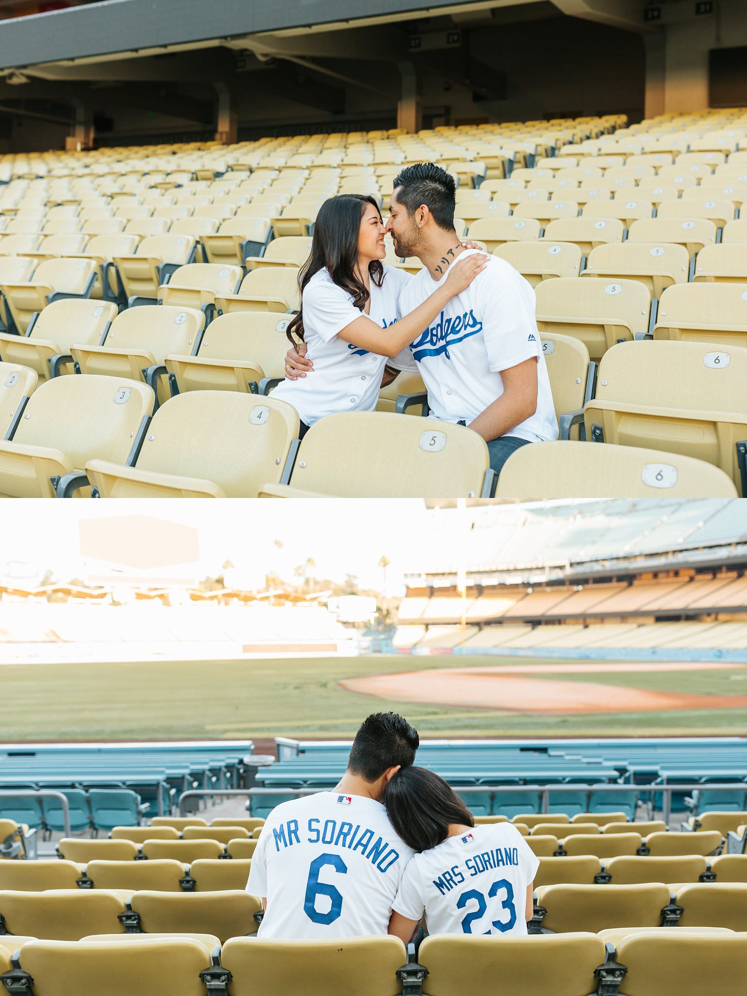 Love in the seats at Dodger Stadium - Dodger Stadium Engagement Photography - http://brittneyhannonphotography.com