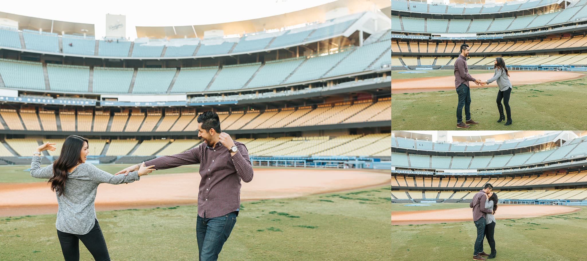 Dancing at Dodger Stadium - Cute and Fun Dodger Stadium Engagement Session - Los Angeles, CA - http://brittneyhannonphotography.com