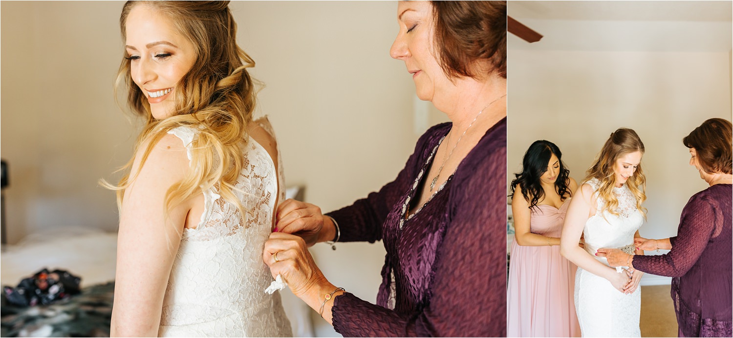 Bride's Mom helping her into wedding dress - https://brittneyhannonphotography.com