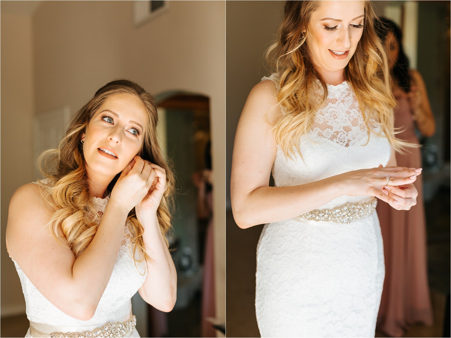 Bride putting on her wedding day jewelry - https://brittneyhannonphotography.com