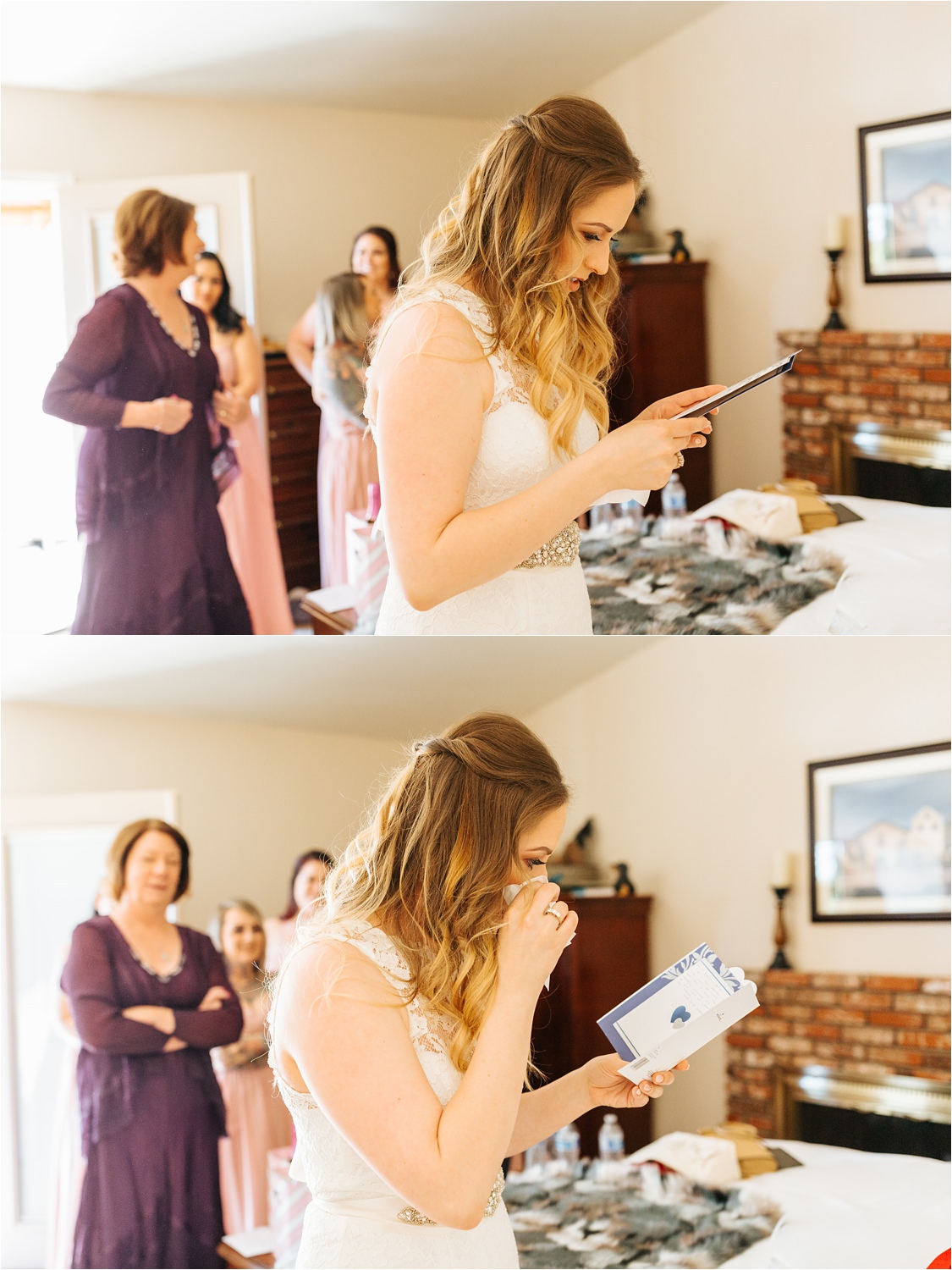 Bride reading a heartfelt card from her groom - https://brittneyhannonphotography.com