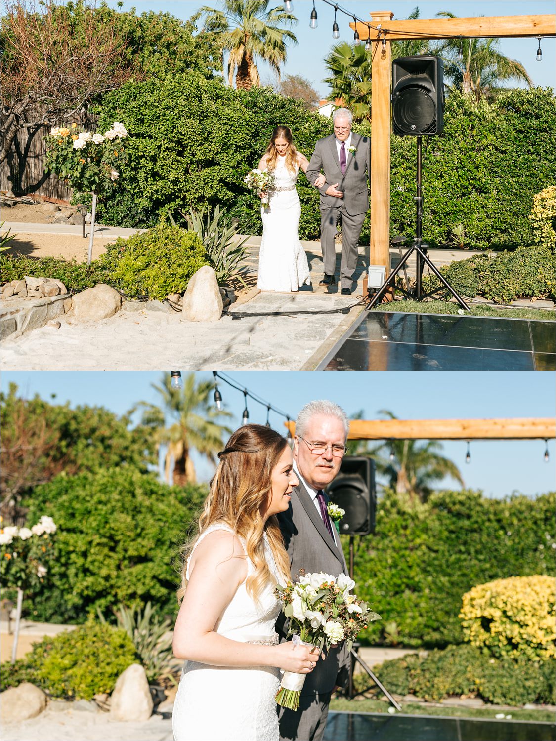 Backyard Wedding Ceremony - Bride walking down the aisle with her dad - https://brittneyhannonphotography.com