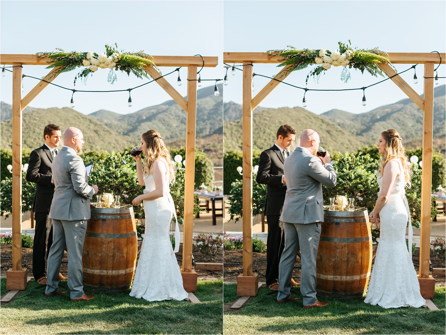 Bride and Groom share wine during their wedding ceremony - https://brittneyhannonphotography.com