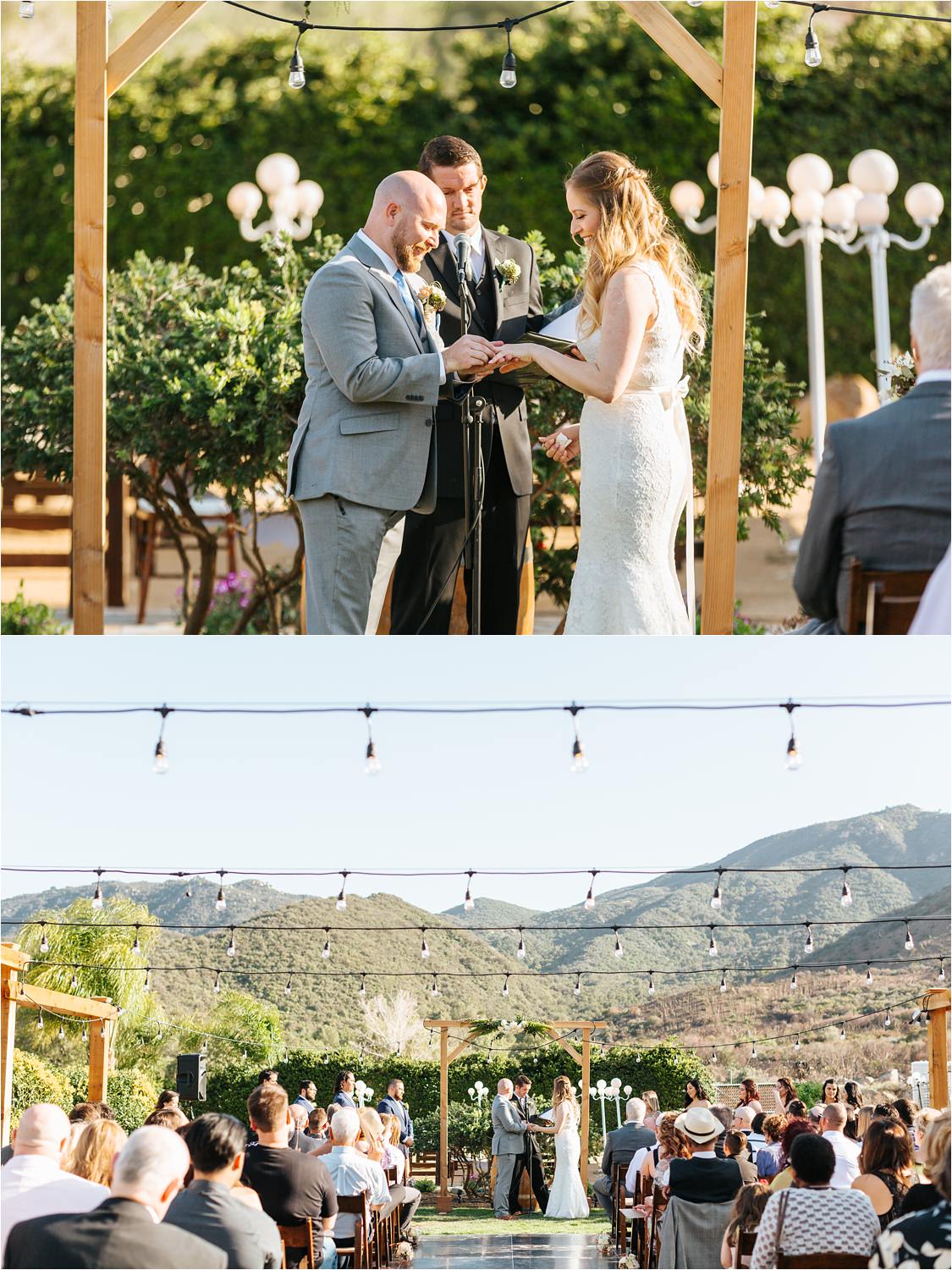 Bride and Groom exchange wedding bands during wedding ceremony - Lake Elsinore Wedding - https://brittneyhannonphotography.com