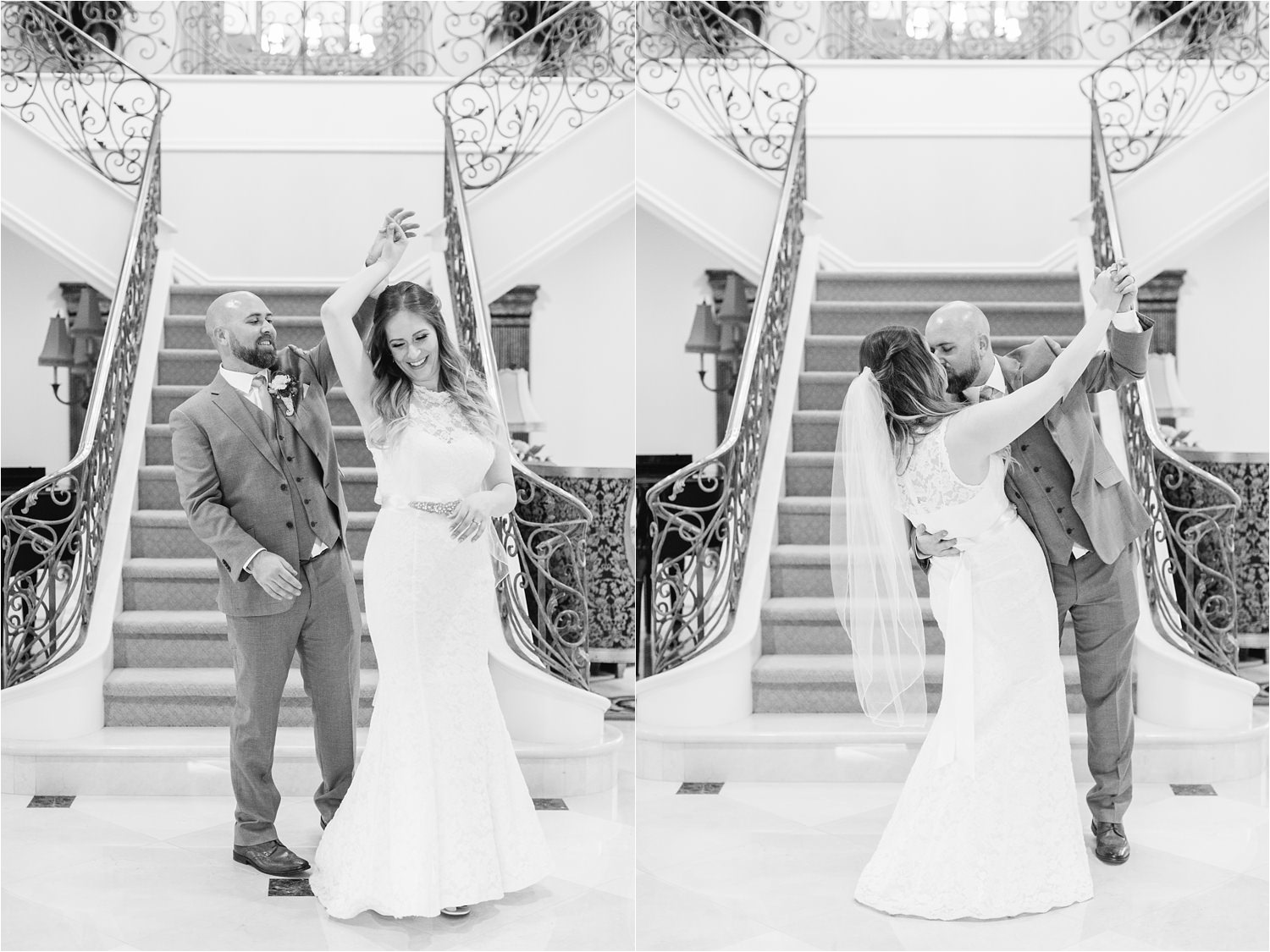 Dancing in a mansion - black and white bride and groom pictures - https://brittneyhannonphotography.com