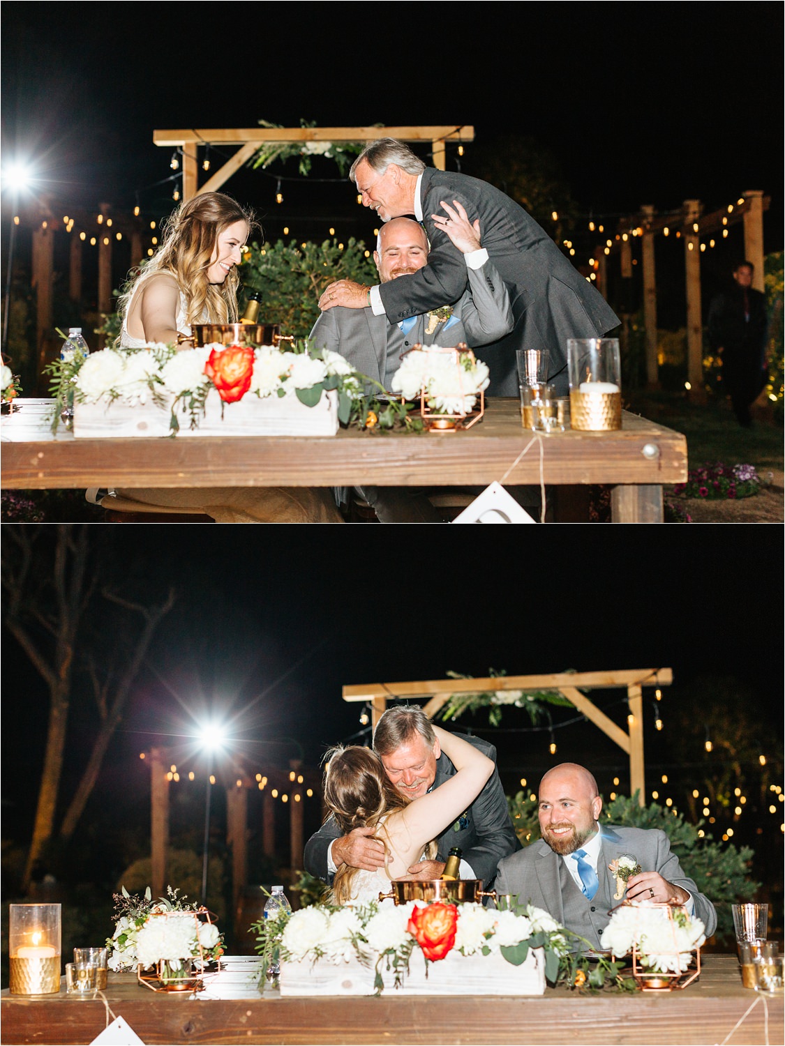 Bride and Groom hug Father of the Groom after his wedding toast - https://brittneyhannonphotography.com