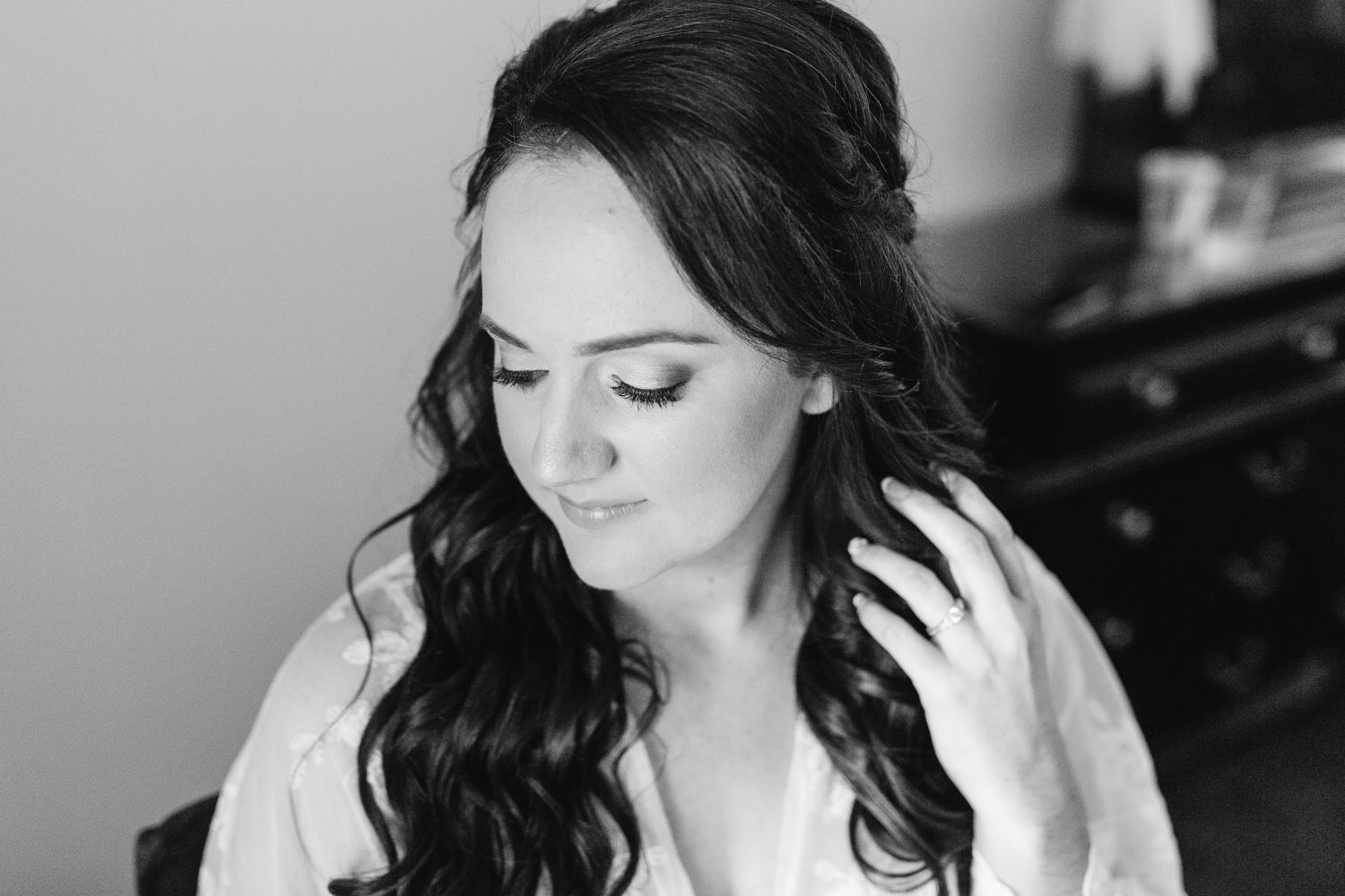 Black and White Bridal Portrait - Bridal Hair and Makeup - Chino Hills Wedding at the Chino Hills Community Center - https://brittneyhannonphotography.com