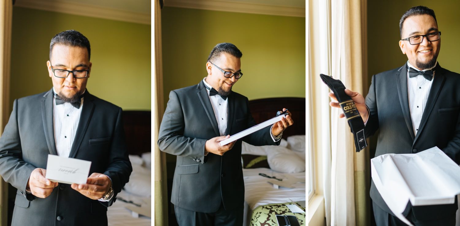 Groom opening gift from his bride - https://brittneyhannonphotography.com