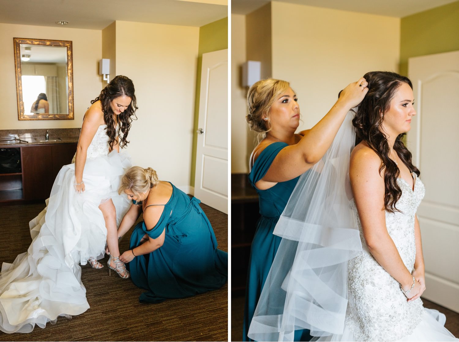 Maid of Honor putting in veil and helping bride put on her heels - https://brittneyhannonphotography.com