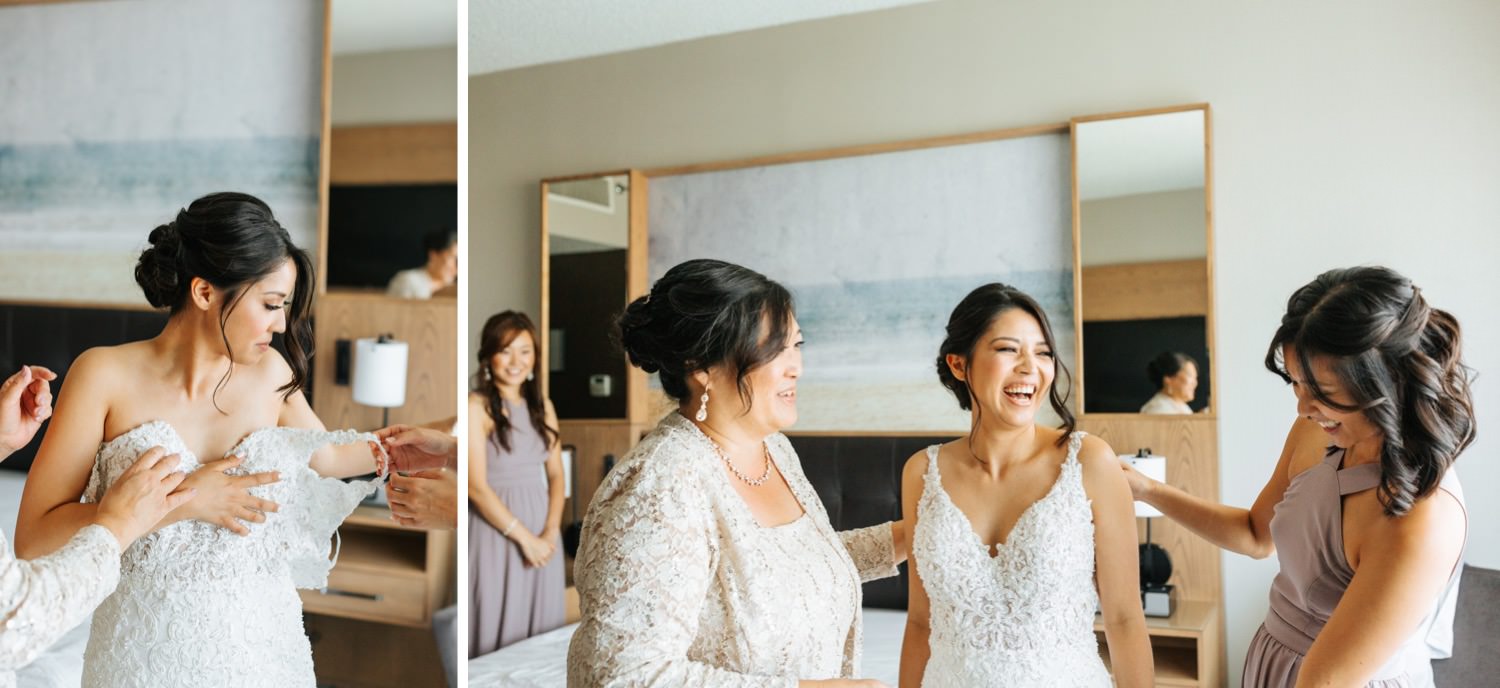 Bride's Mom and Maid of Honor helping her into wedding dress - Los Angeles Wedding Photographer - https://brittneyhannonphotography.com