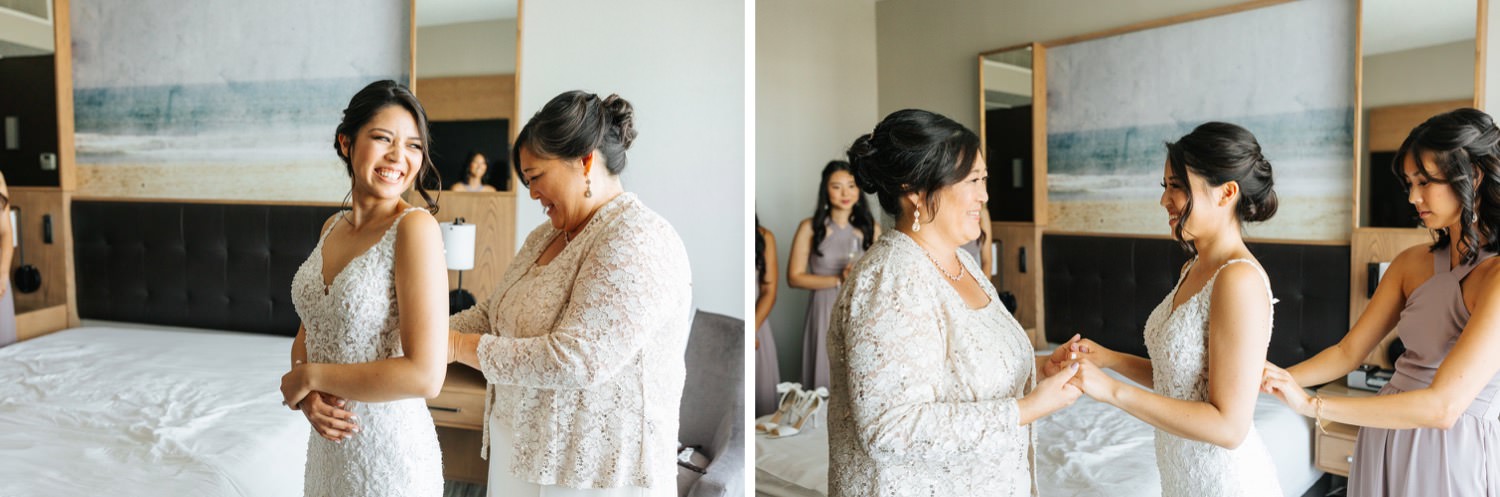 Bride getting into wedding dress - Los Angeles Wedding - https://brittneyhannonphotography.com