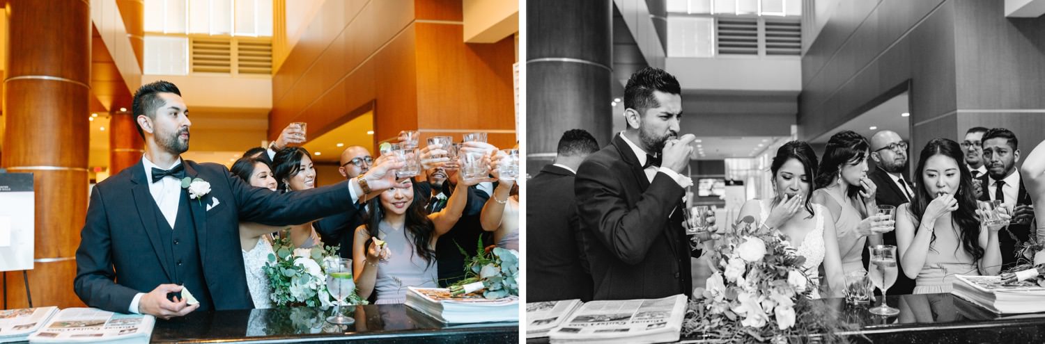 Bride and Groom take shots with wedding party - https://brittneyhannonphotography.com