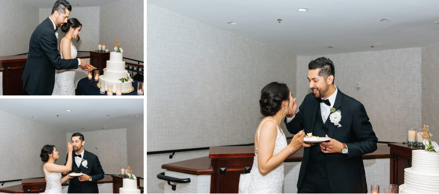 Bride and Groom cut cake - https://brittneyhannonphotography.com