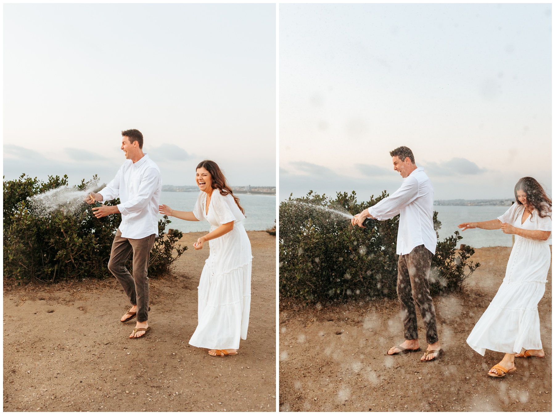 champagne pop during engagement photos