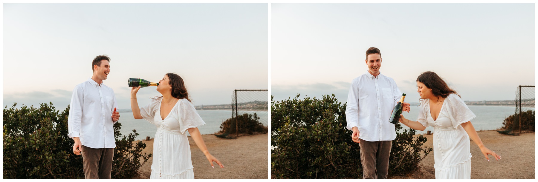 champagne pop during engagement session